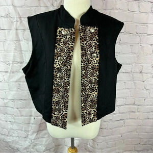 vintage cactus flower western boho denim vest sz XL leopard print accent